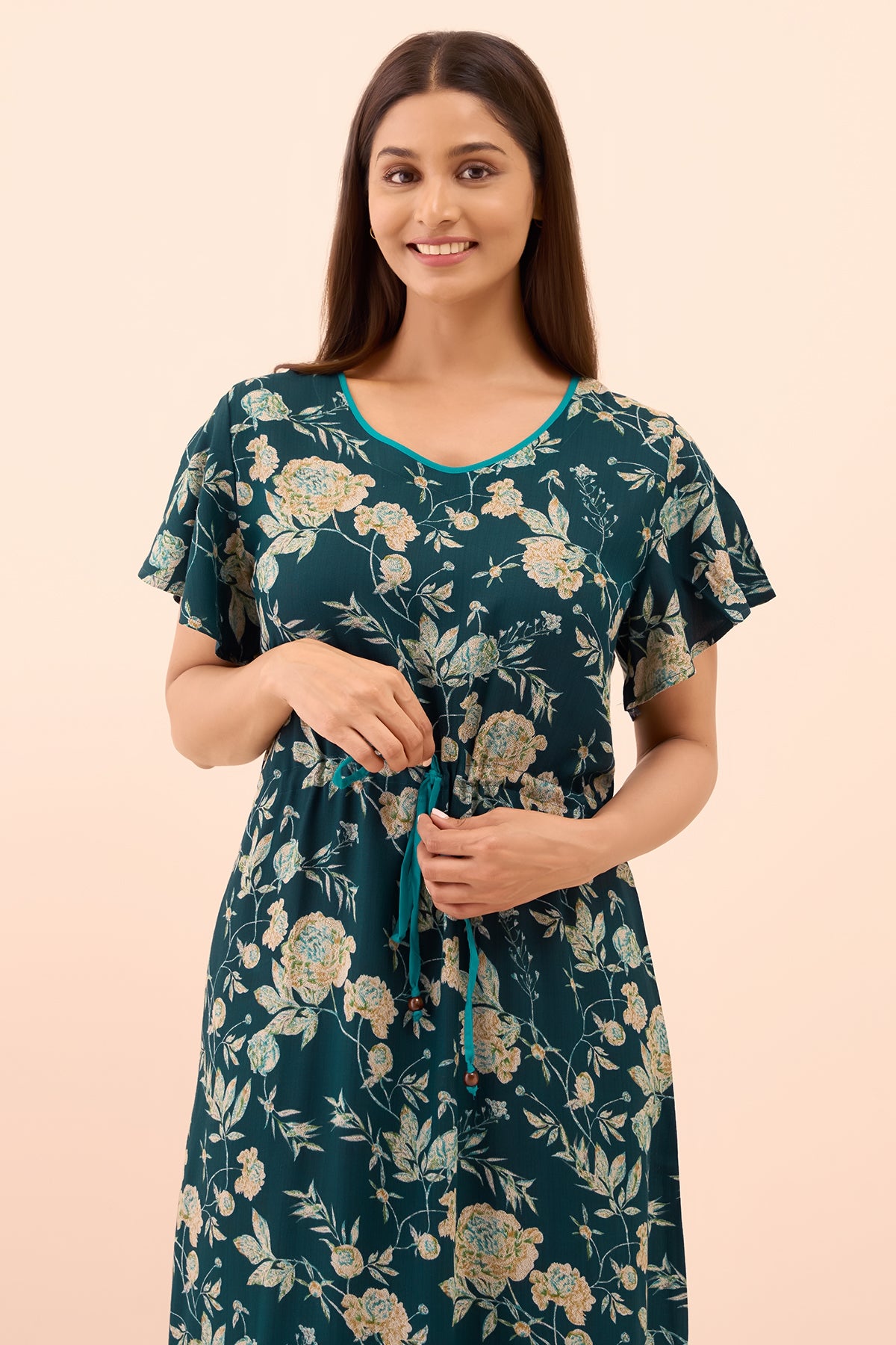 Abstract Floral Printed Nighty - Blue