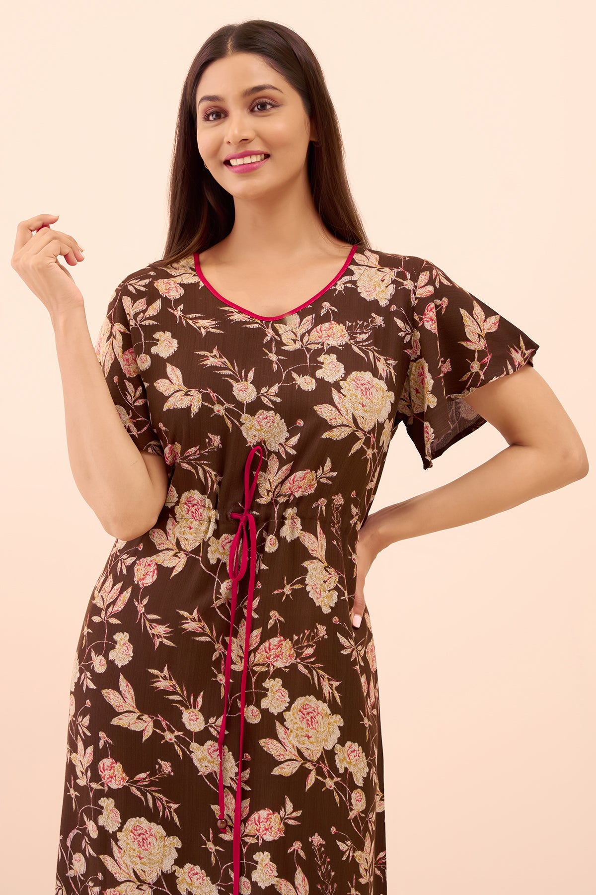 Abstract Floral Printed Nighty with Waist Tie-up - Brown