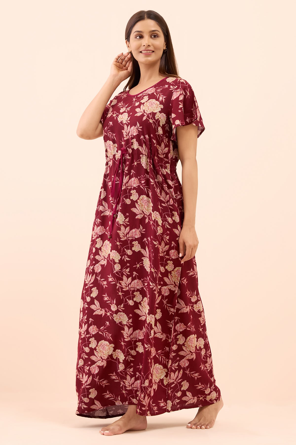 Abstract Floral Printed Nighty with Waist Tie-up - Maroon