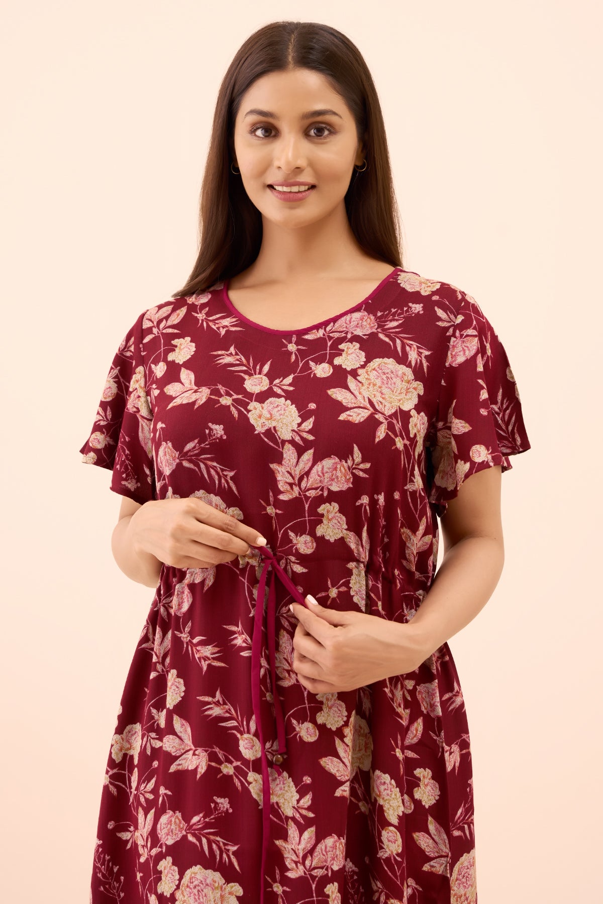 Abstract Floral Printed Nighty - Maroon