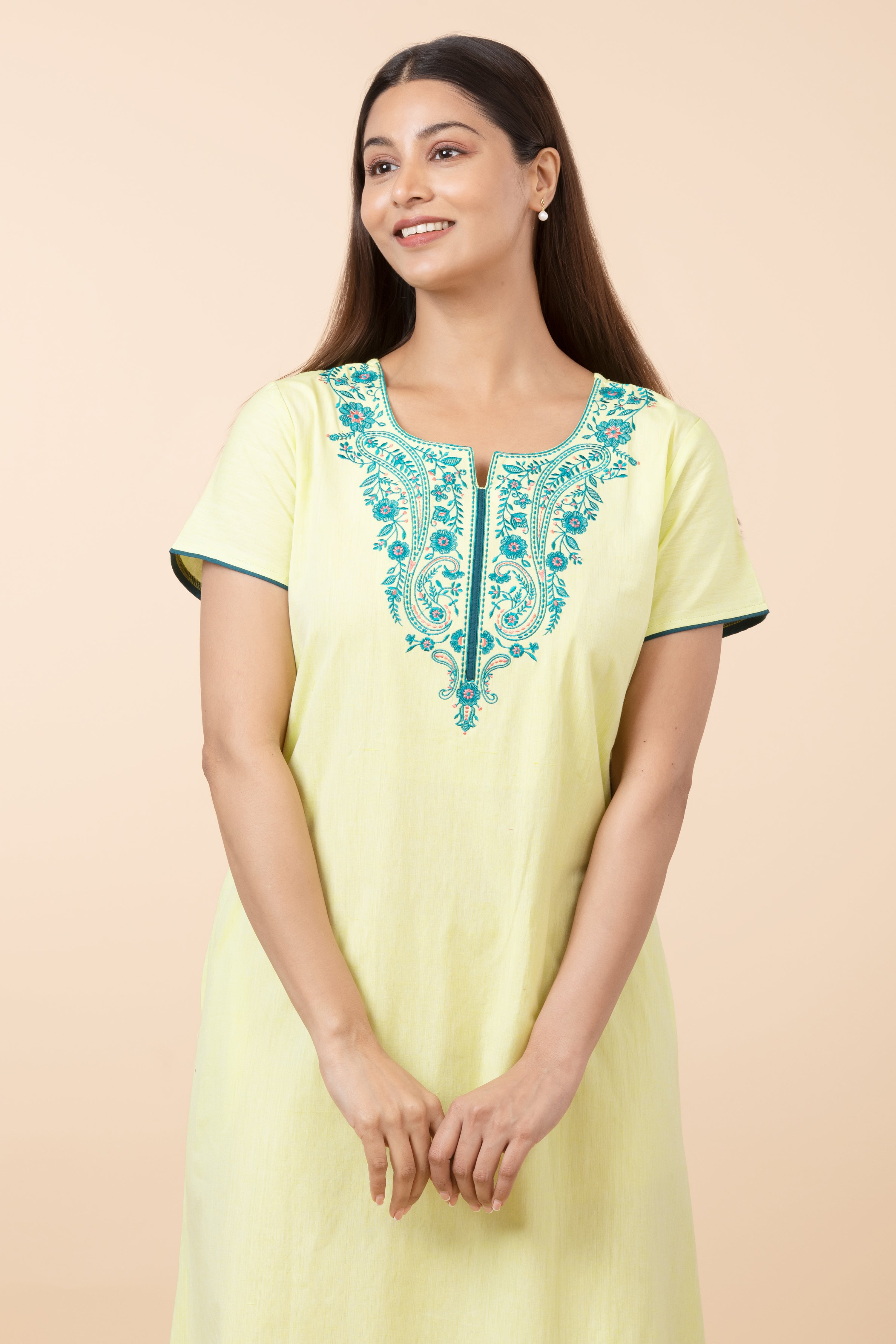 Solid Cotton Nighty with Embroidered Yoke - Lime Green