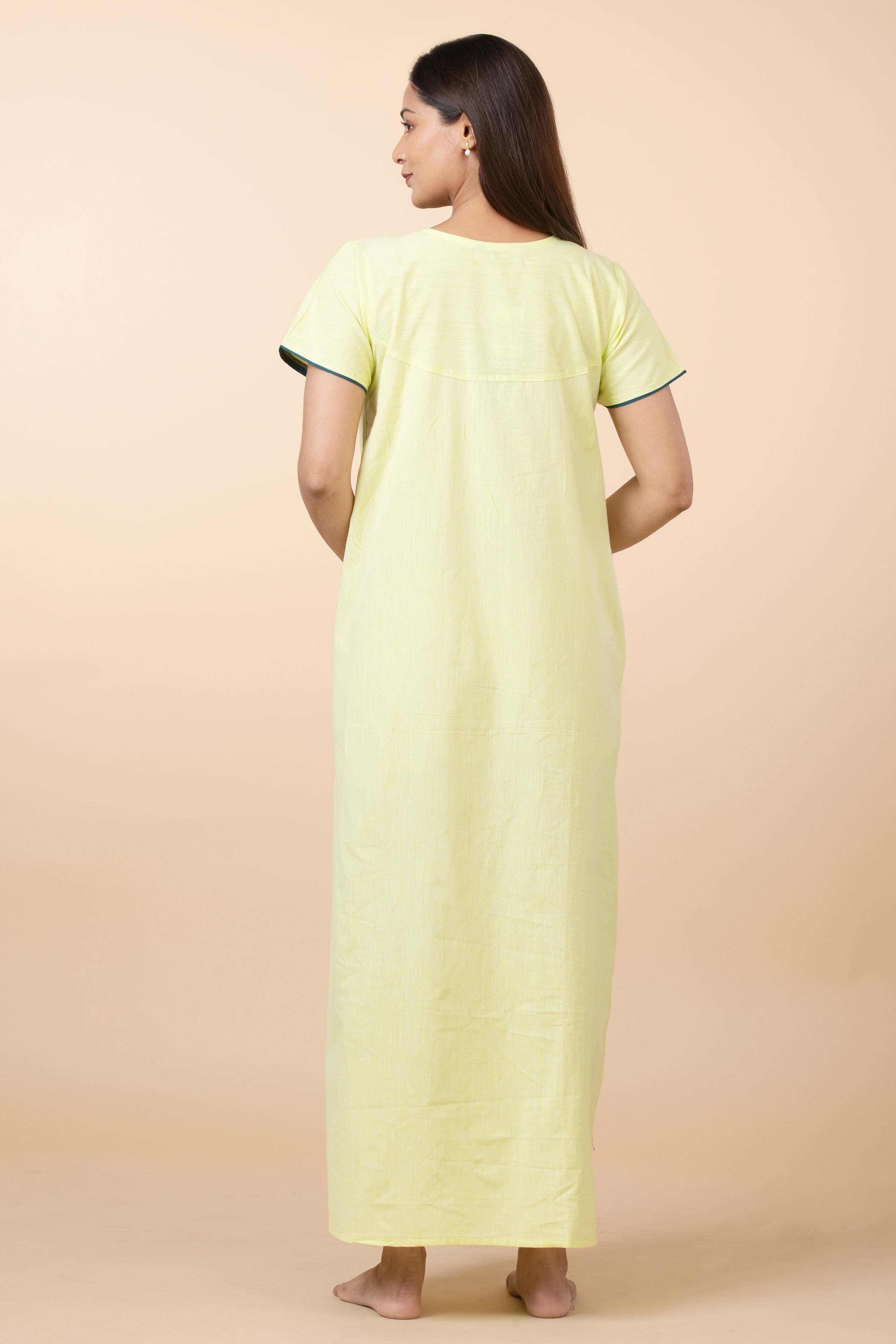 Solid Cotton Nighty with Embroidered Yoke - Lime Green