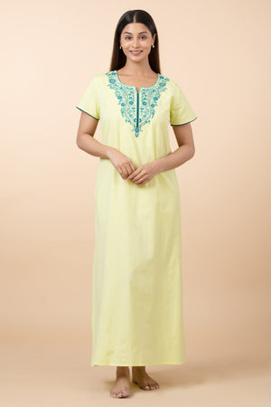 Solid Cotton Nighty with Embroidered Yoke - Lime Green