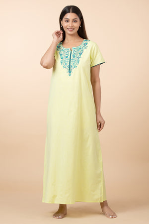 Solid Cotton Nighty with Embroidered Yoke - Lime Green