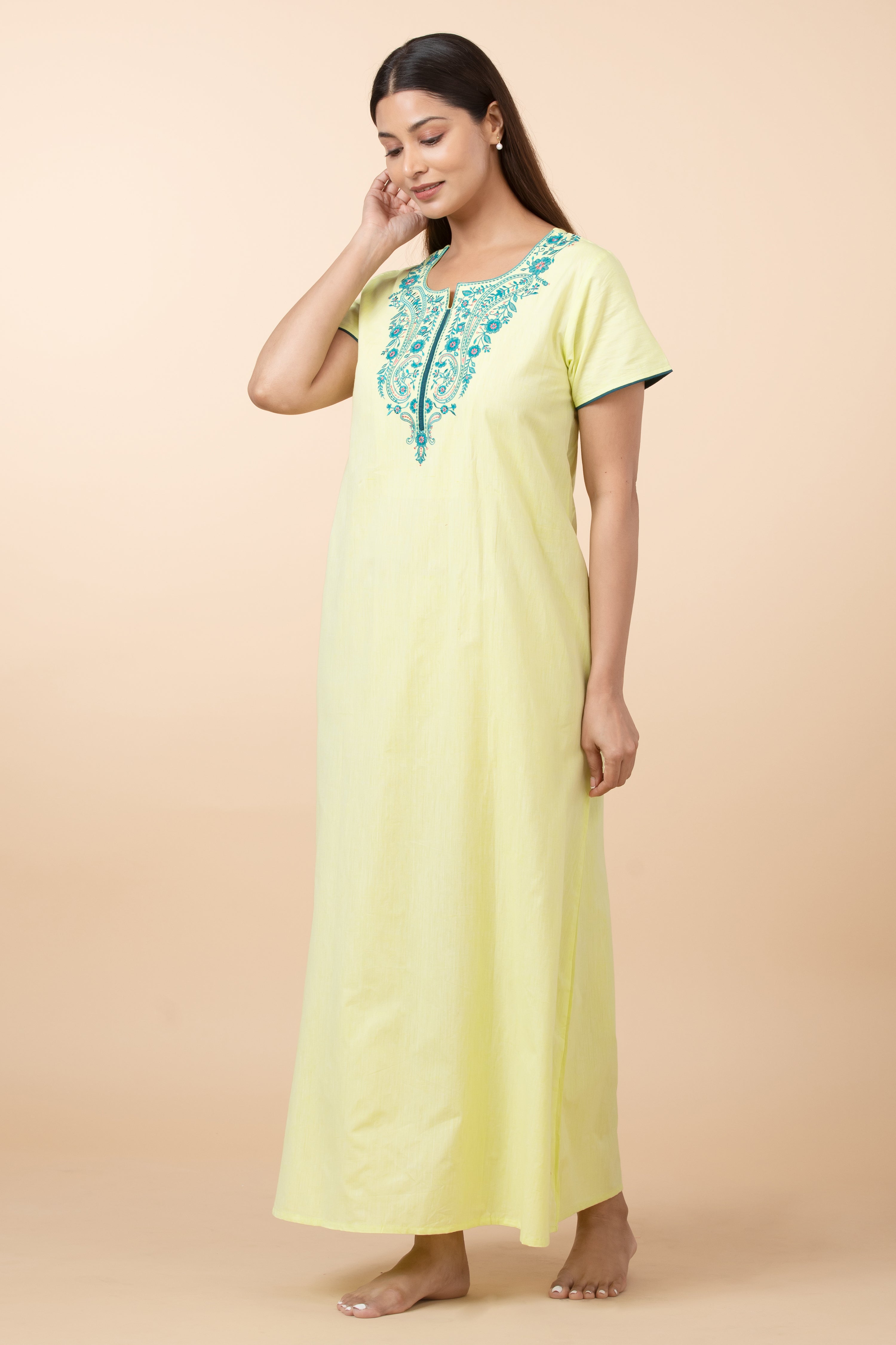 Solid Cotton Nighty with Embroidered Yoke - Lime Green