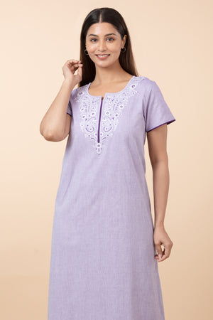 Solid Cotton Nighty with Embroidered Yoke - Purple