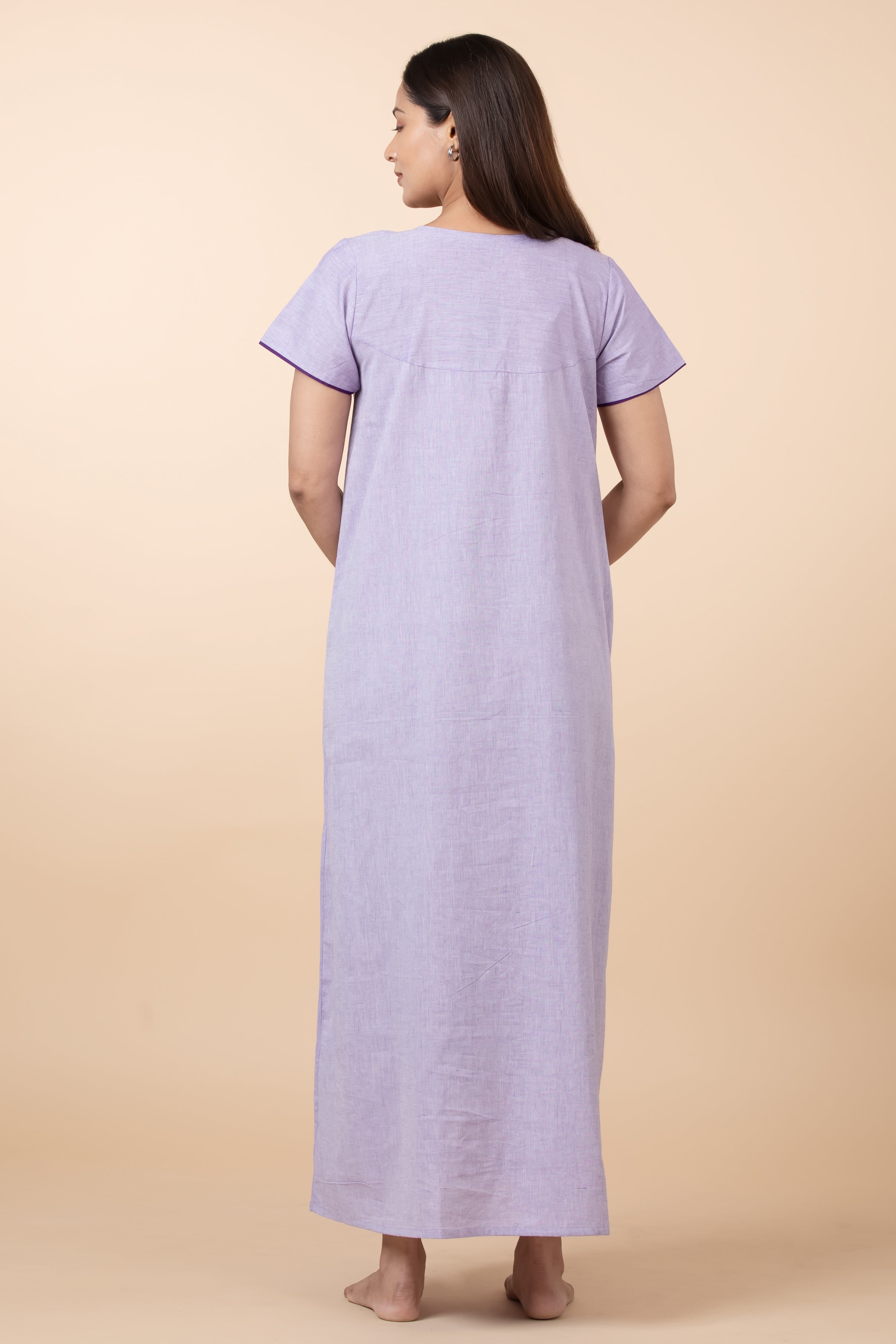 Solid Cotton Nighty with Embroidered Yoke - Purple