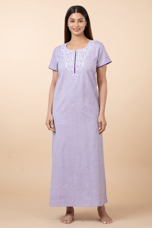 Solid Cotton Nighty with Embroidered Yoke - Purple