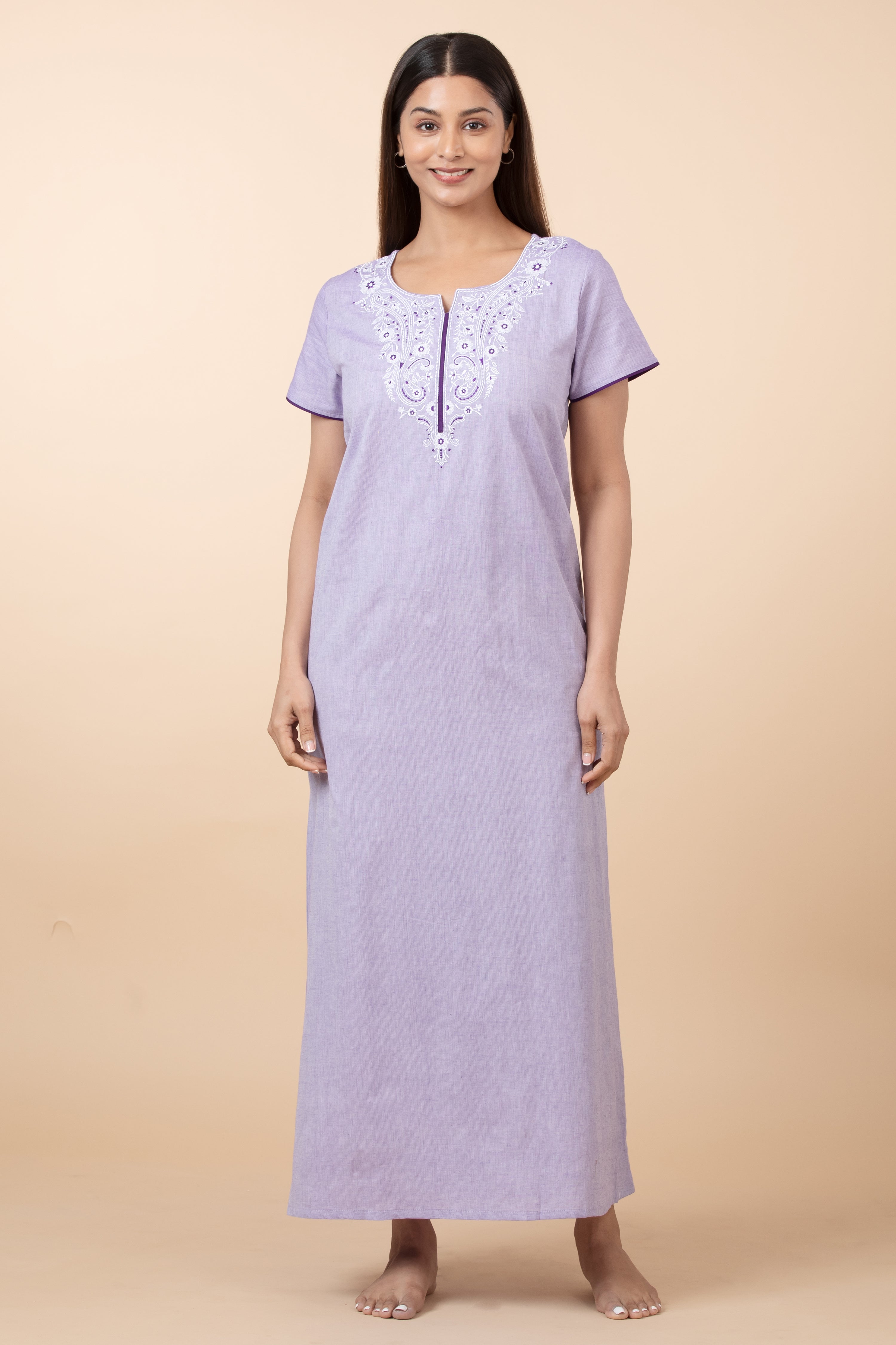 Solid Cotton Nighty with Embroidered Yoke - Purple