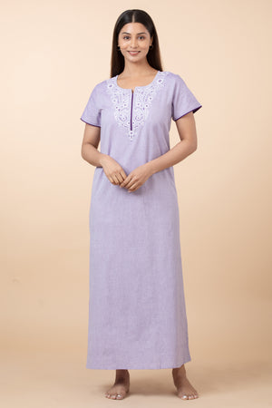 Solid Cotton Nighty with Embroidered Yoke - Purple