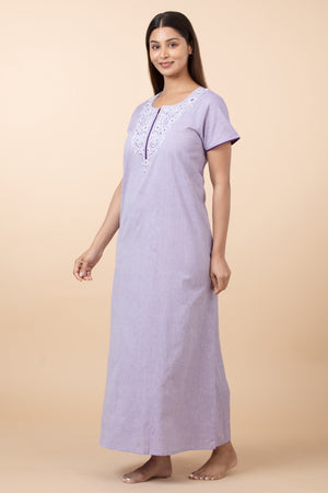 Solid Cotton Nighty with Embroidered Yoke - Purple