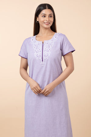 Solid Cotton Nighty with Embroidered Yoke - Purple