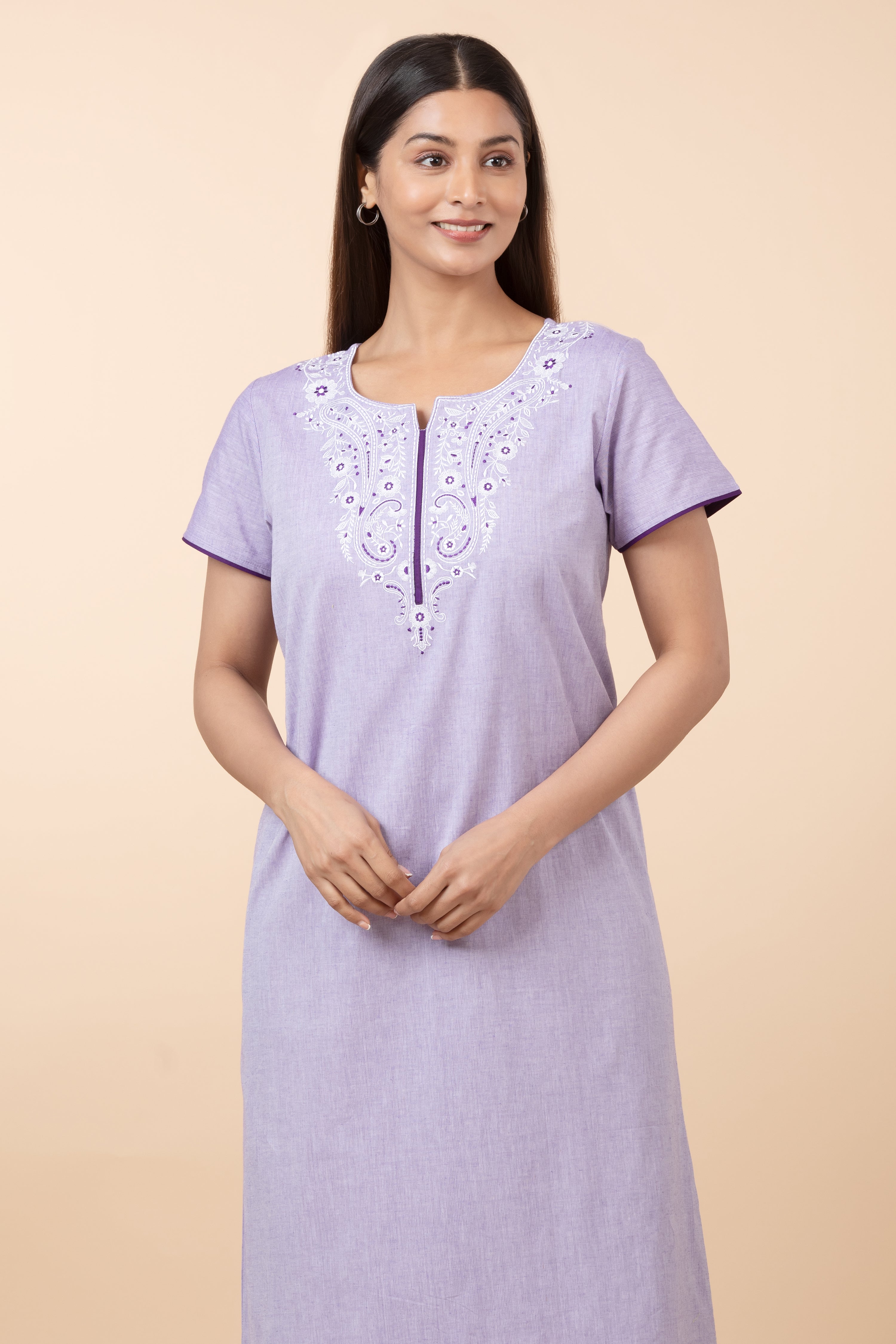 Solid Cotton Nighty with Embroidered Yoke - Purple