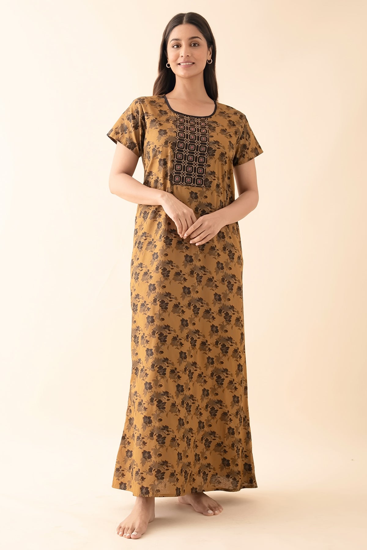 Floral Printed Nighty with Embroidered Yoke - Brown