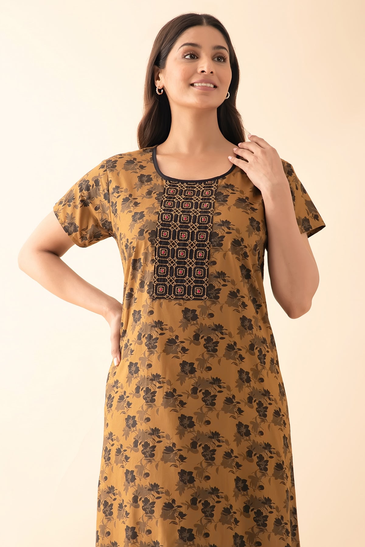 Floral Printed Nighty with Embroidered Yoke - Brown