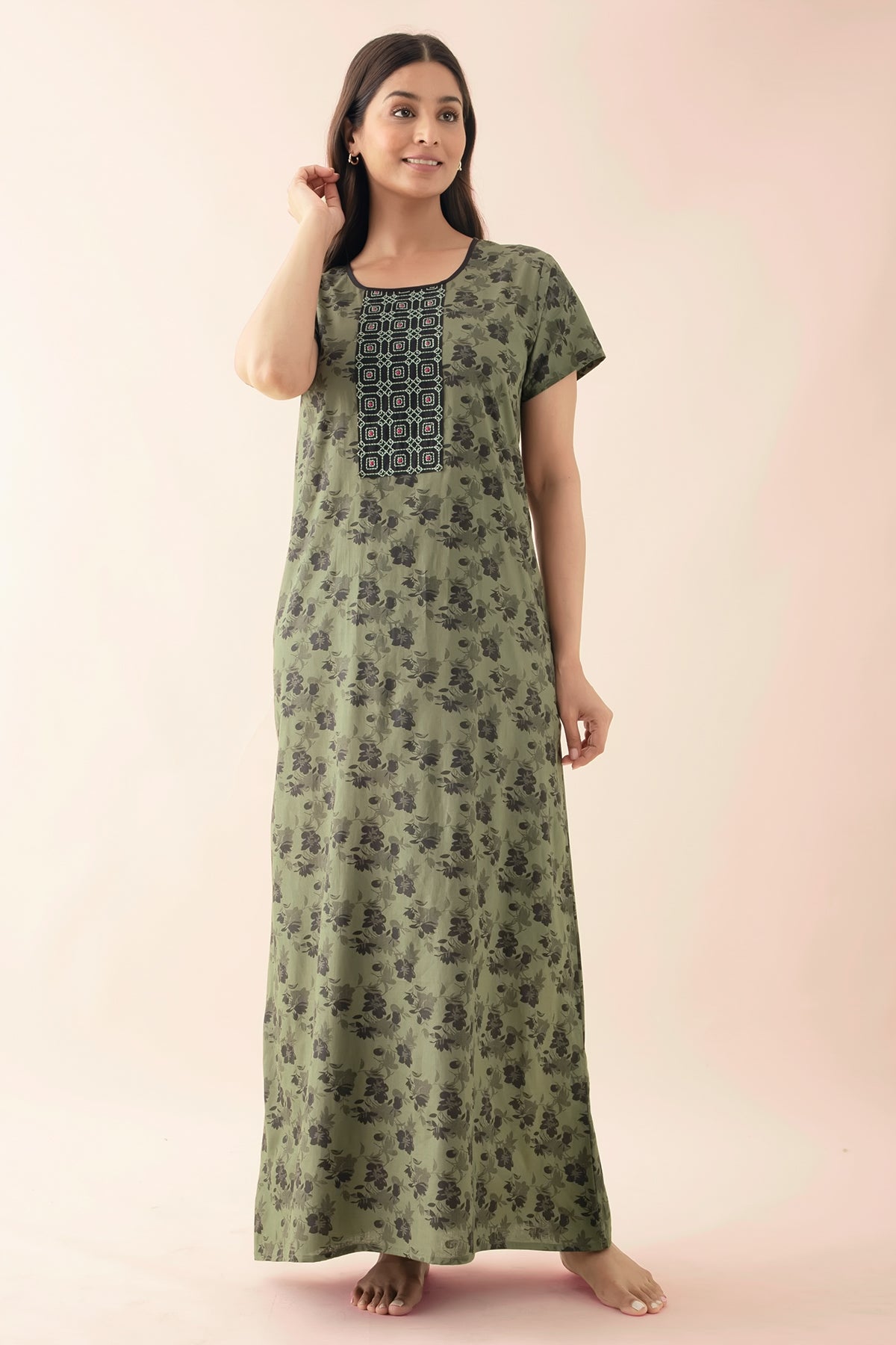 Floral Printed Nighty with Embroidered Yoke - Green