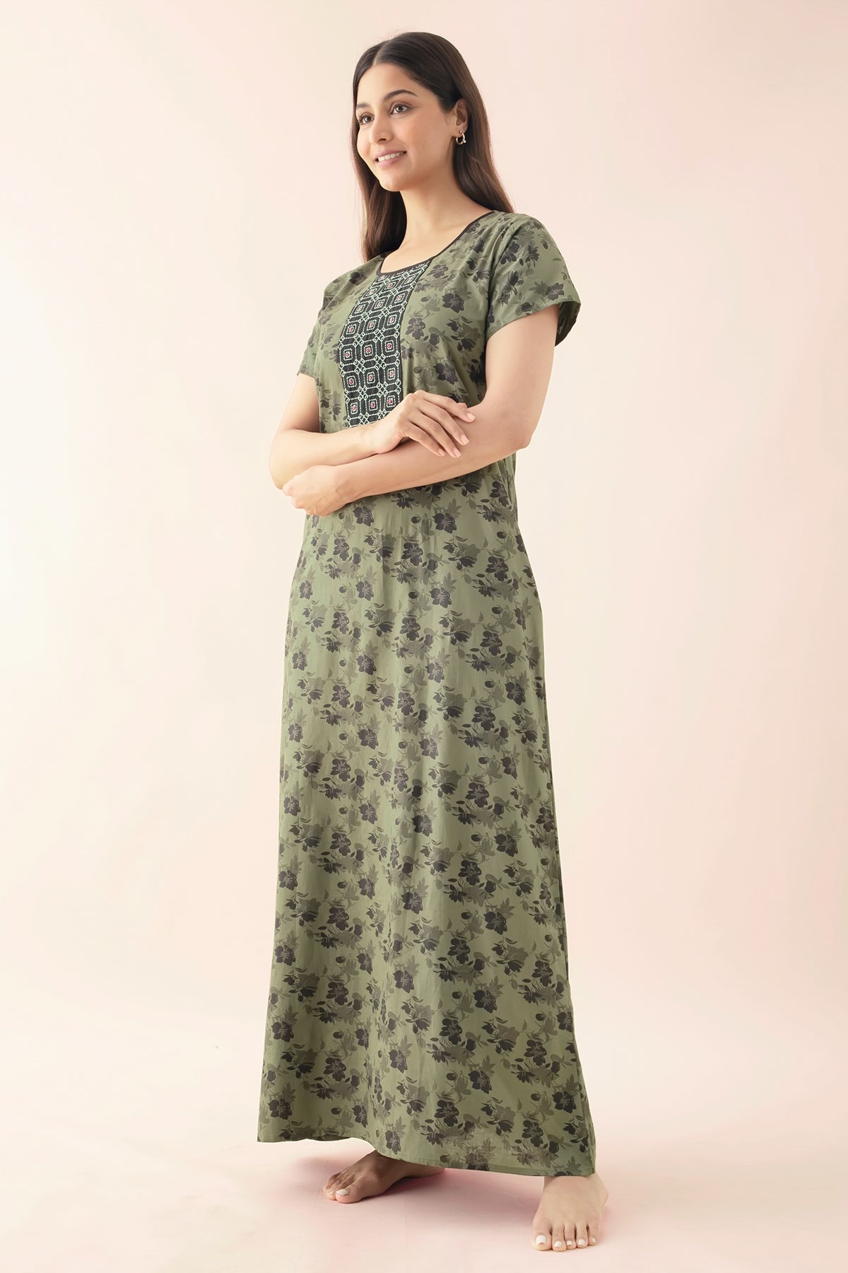 Floral Printed Nighty with Embroidered Yoke - Green