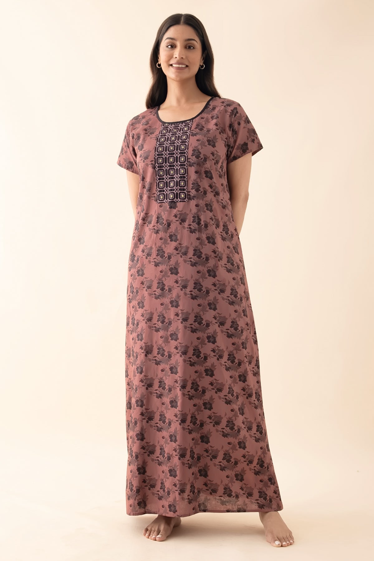 Floral Printed Nighty with Embroidered Yoke - Dark Mauve