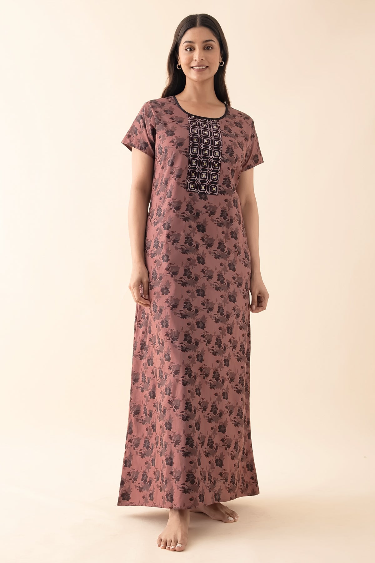 Floral Printed Nighty with Embroidered Yoke - Dark Mauve