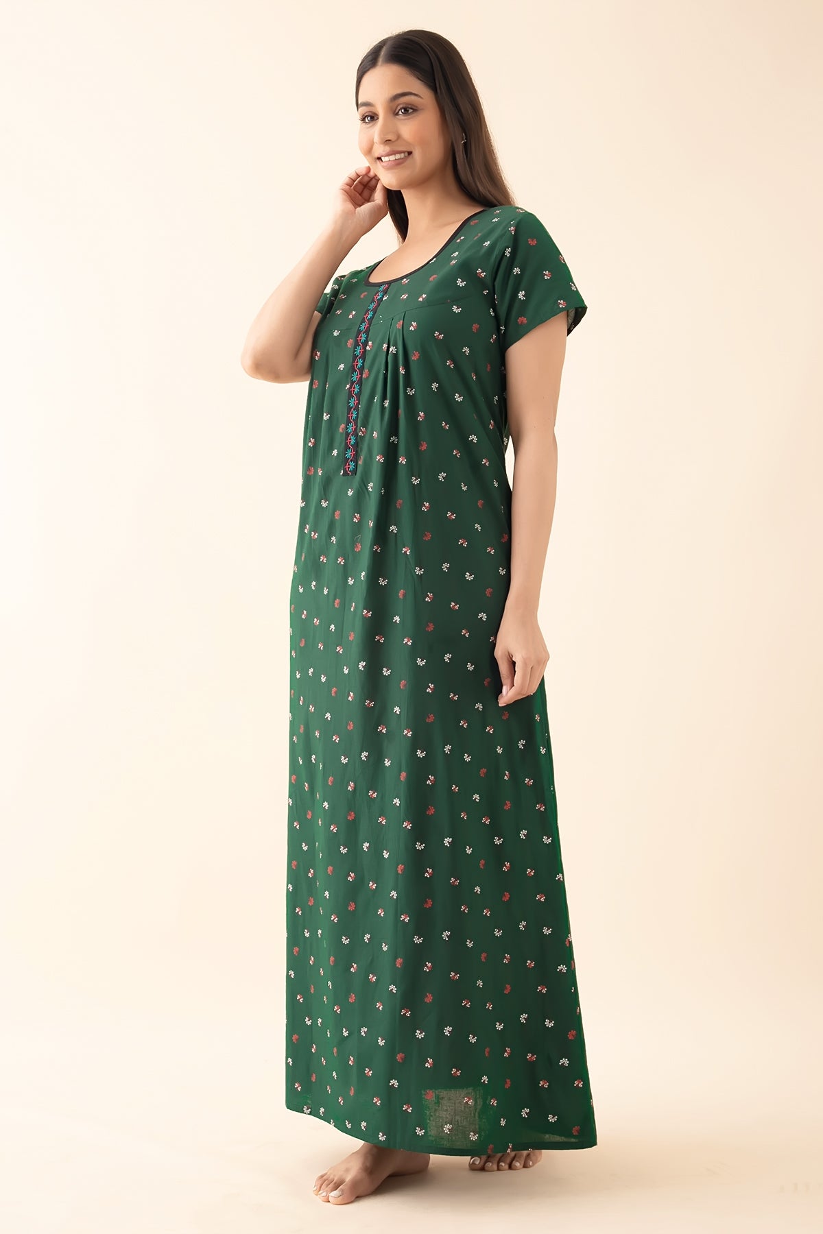 Ditsy Floral Printed Nighty - Green