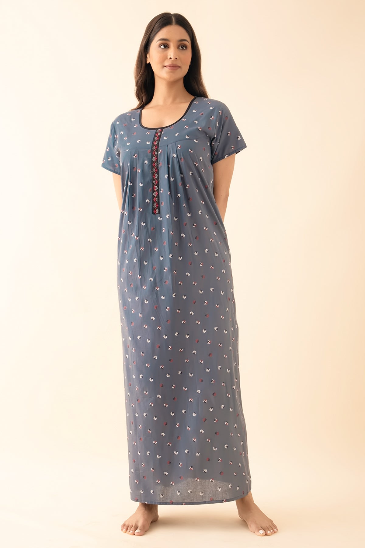 Ditsy Floral Printed Nighty - Grey