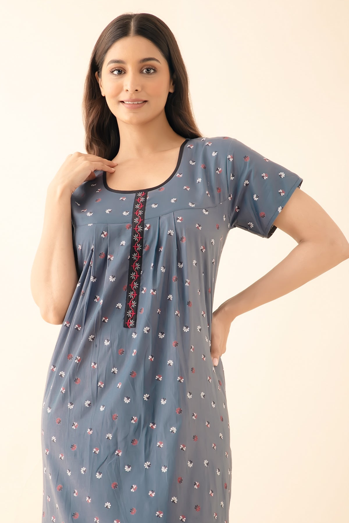 Ditsy Floral Printed Nighty - Grey