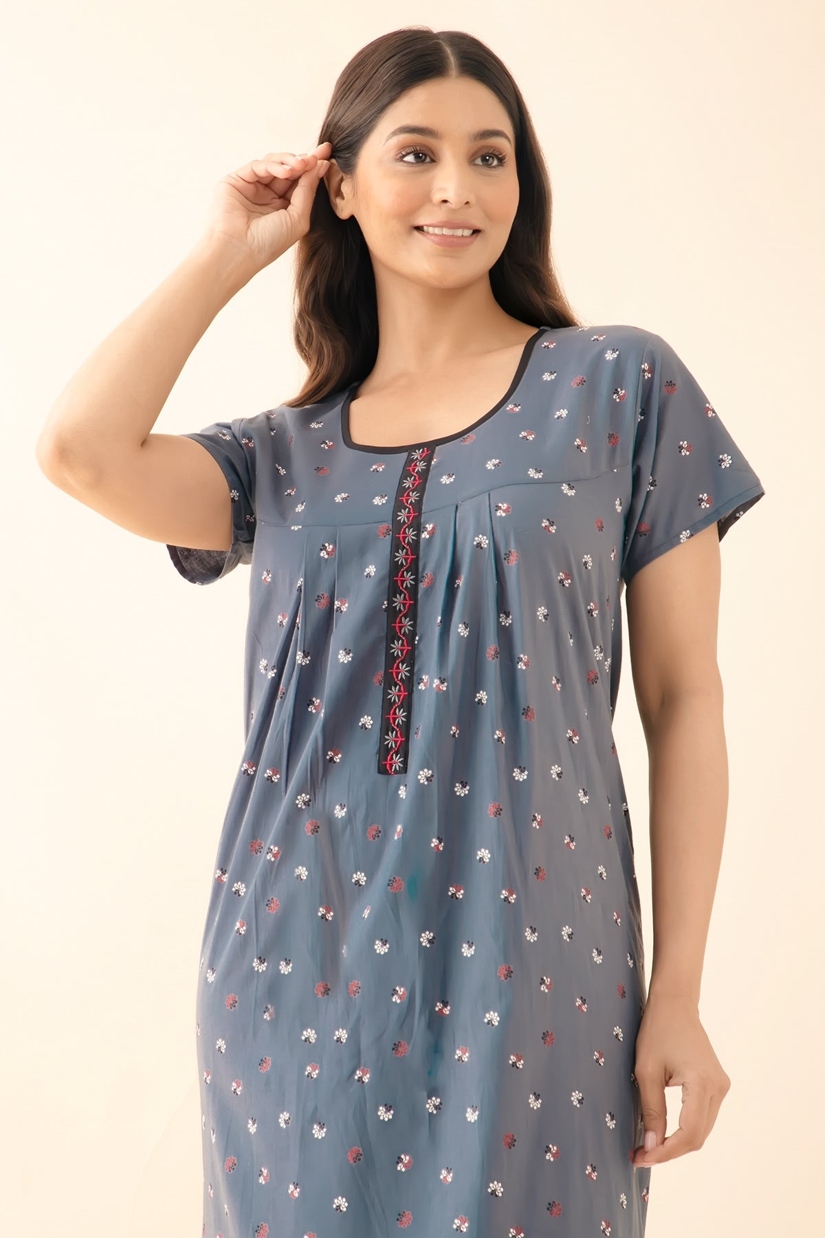 Ditsy Floral Printed Nighty - Grey