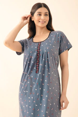 Ditsy Floral Printed Nighty - Grey