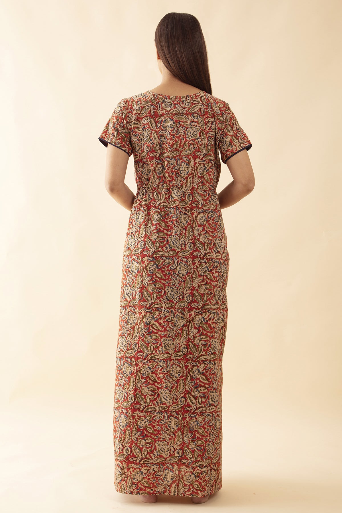 Kalamkari Printed Nighty with Waist Tie-up - Rust