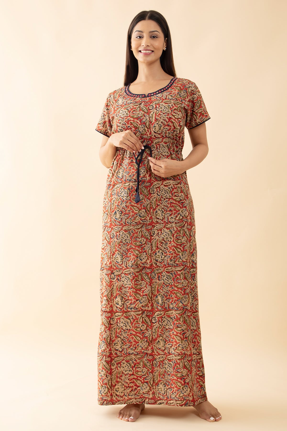 Kalamkari Printed Nighty with Waist Tie-up - Rust