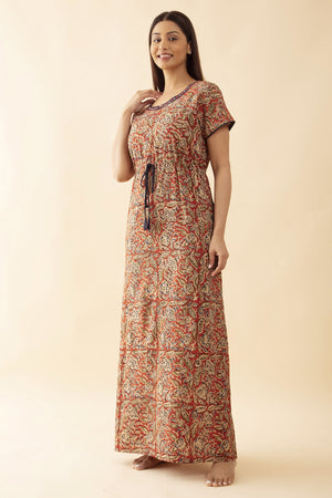 Kalamkari Printed Nighty with Waist Tie-up - Rust