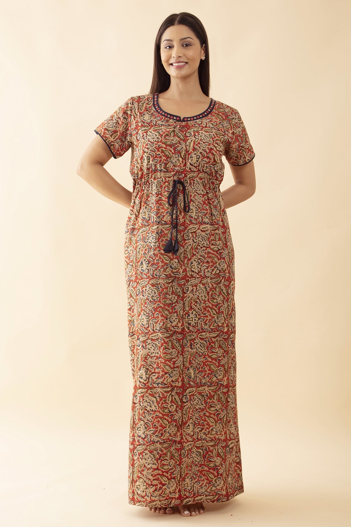 Kalamkari Printed Nighty with Waist Tie-up - Rust