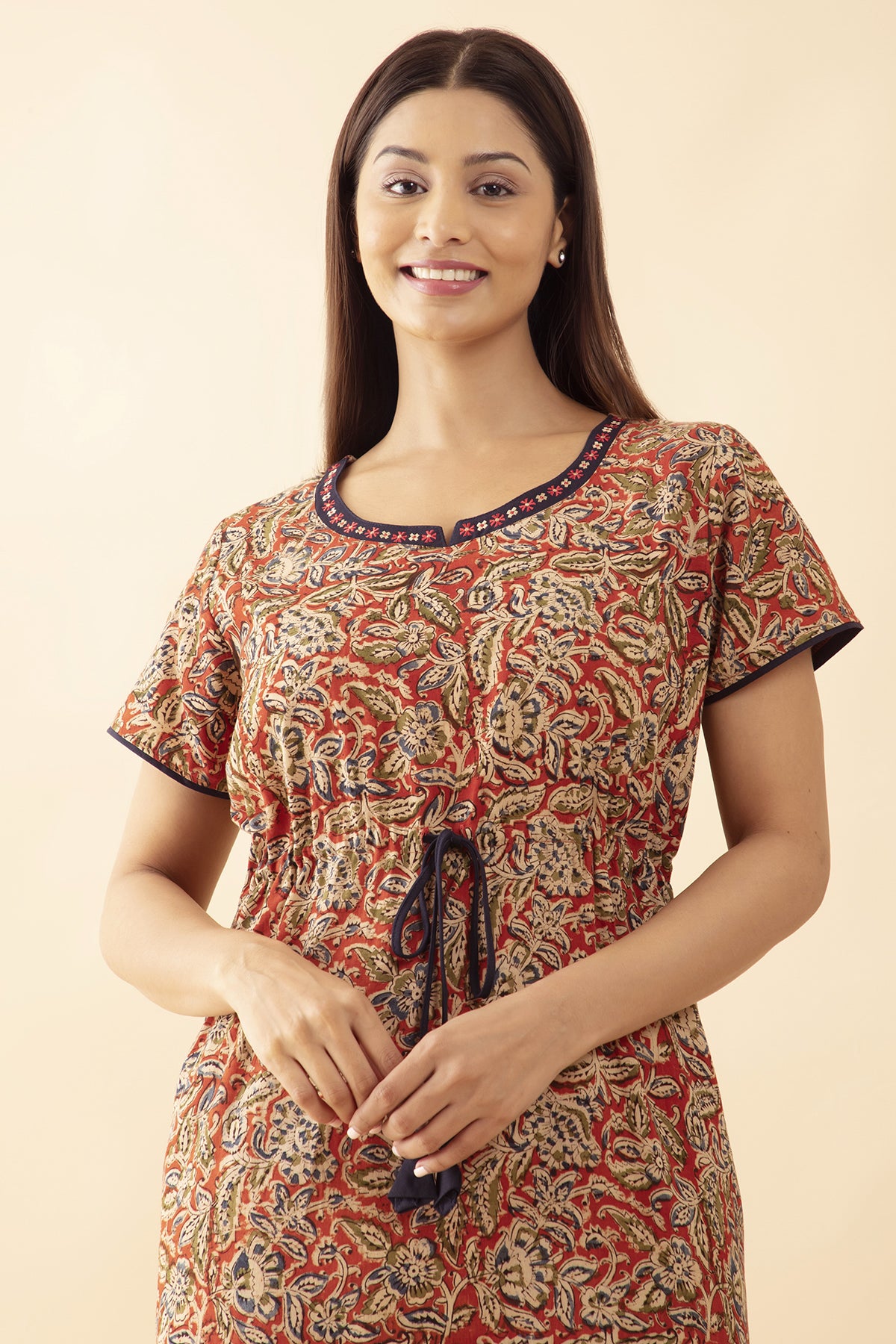 Kalamkari Printed Nighty with Waist Tie-up - Rust