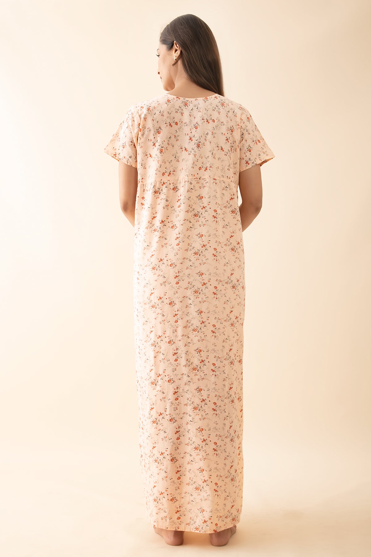 Ditsy Floral Printed Nighty with Embroidered Yoke - Peach