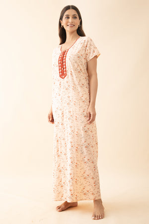 Ditsy Floral Printed Nighty with Embroidered Yoke - Peach