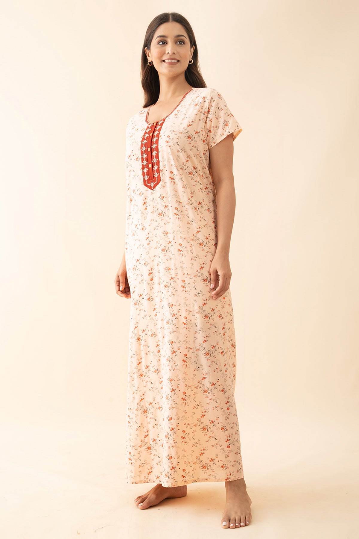 Ditsy Floral Printed Nighty with Embroidered Yoke - Peach