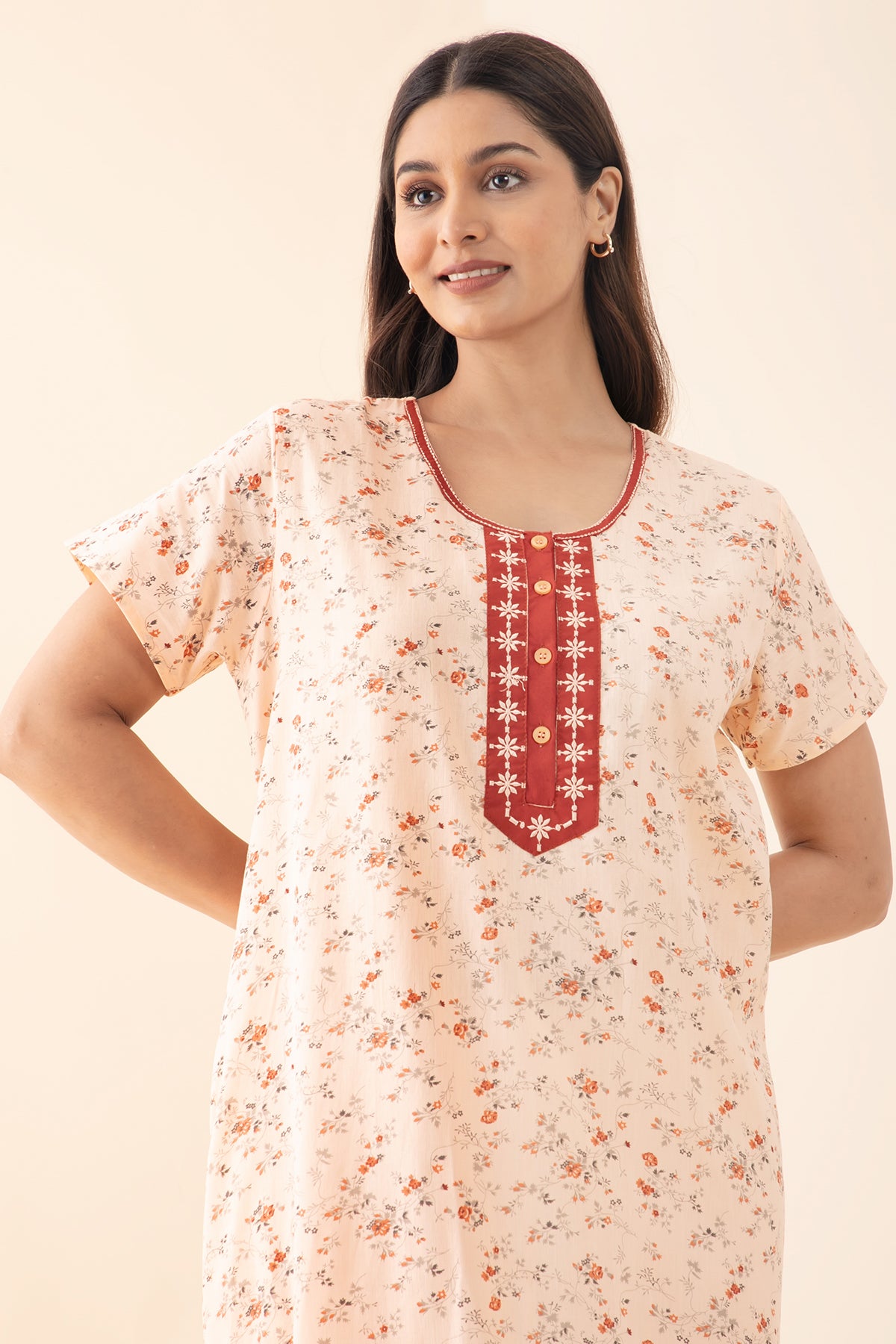 Ditsy Floral Printed Nighty with Embroidered Yoke - Peach