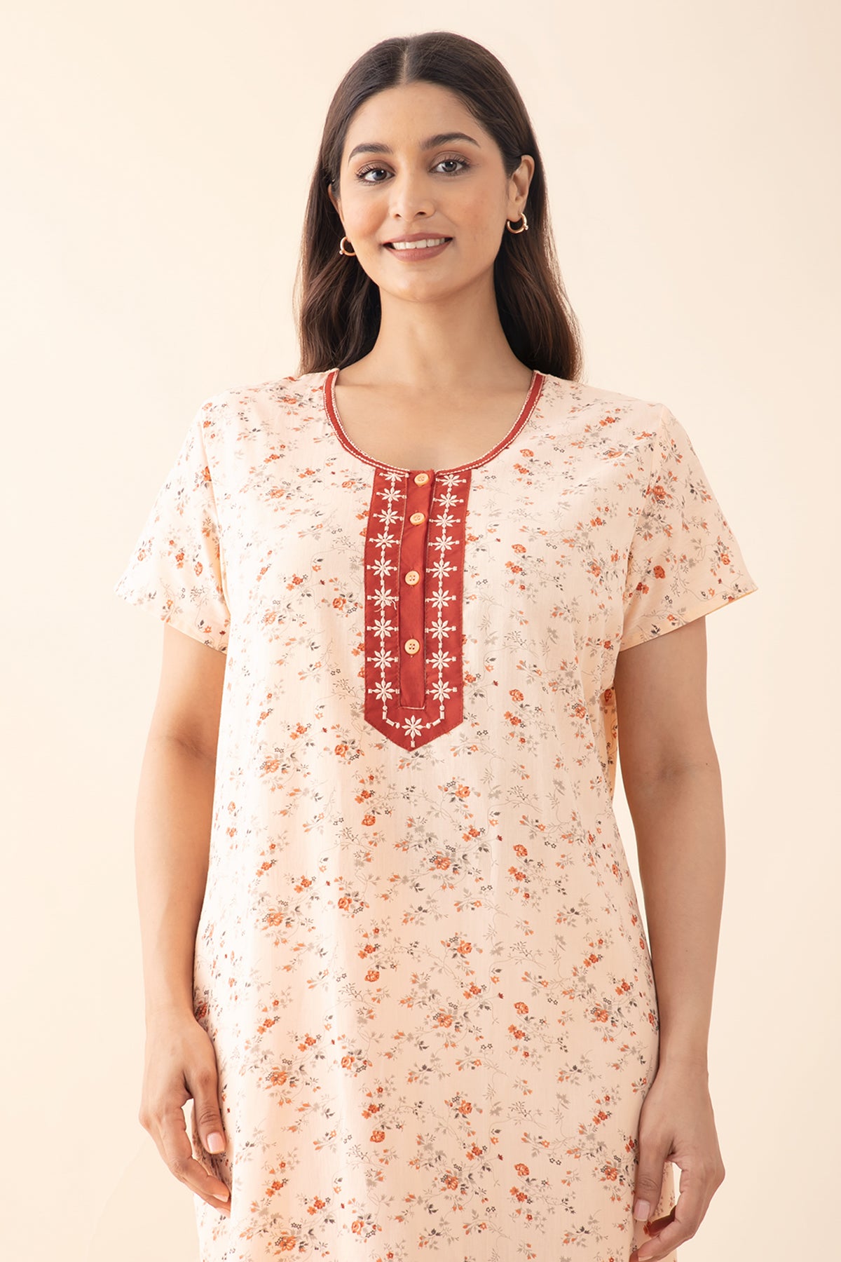 Ditsy Floral Printed Nighty with Embroidered Yoke - Peach