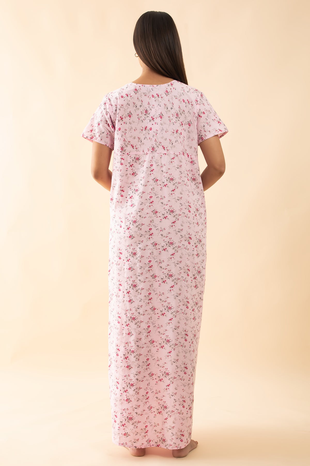 Ditsy Floral Printed Nighty with Embroidered Yoke - Pink