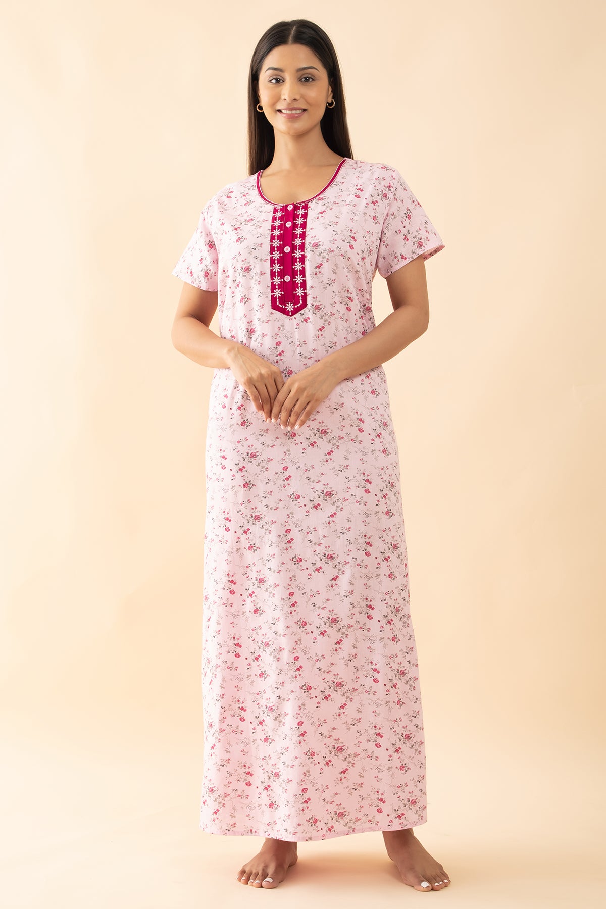 Ditsy Floral Printed Nighty with Embroidered Yoke - Pink