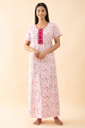 Ditsy Floral Printed Nighty with Embroidered Yoke - Pink