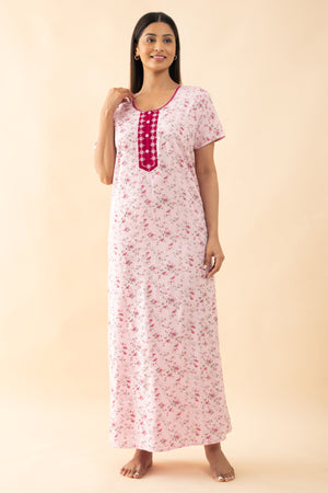 Ditsy Floral Printed Nighty with Embroidered Yoke - Pink