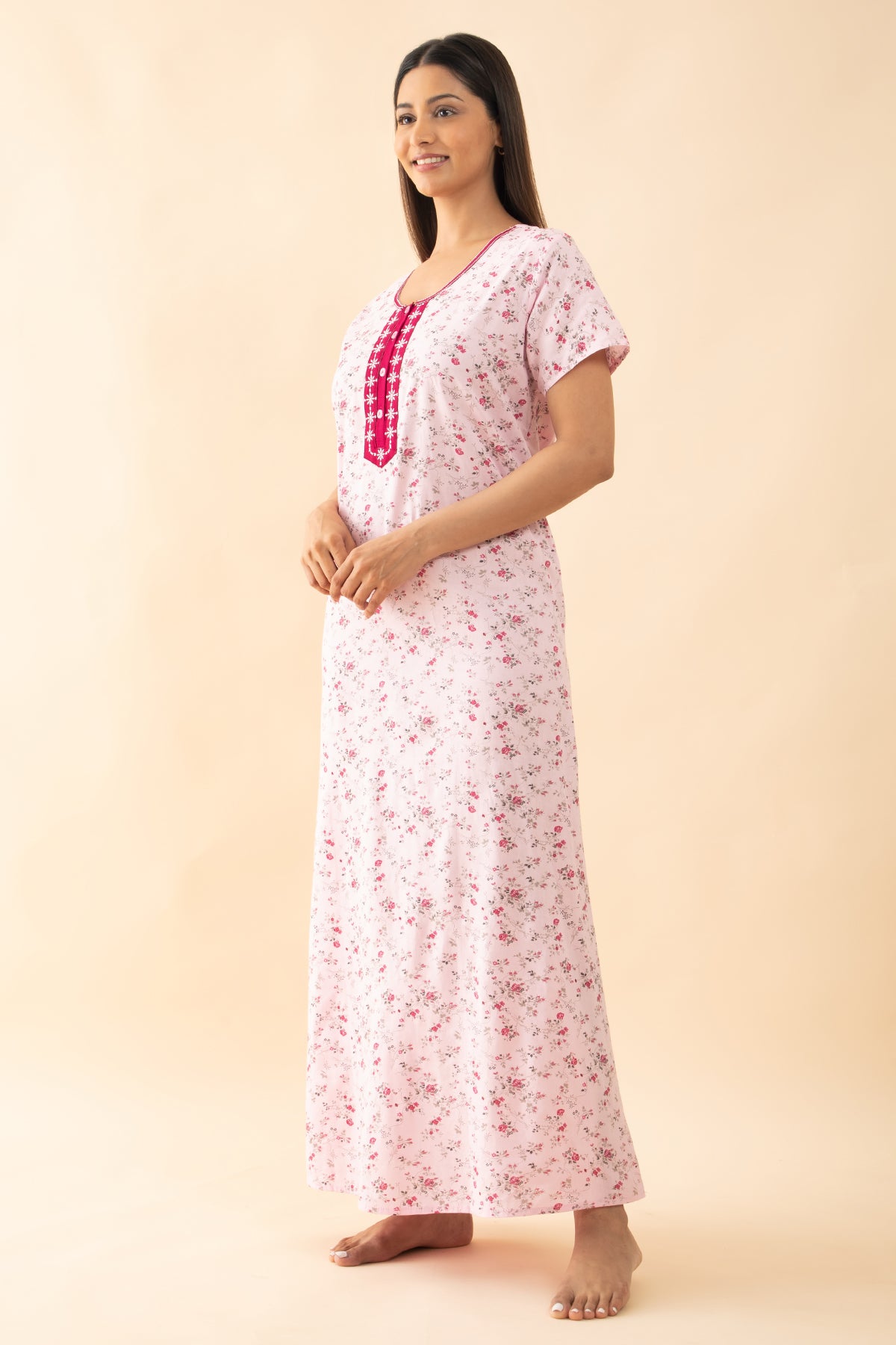 Ditsy Floral Printed Nighty with Embroidered Yoke - Pink