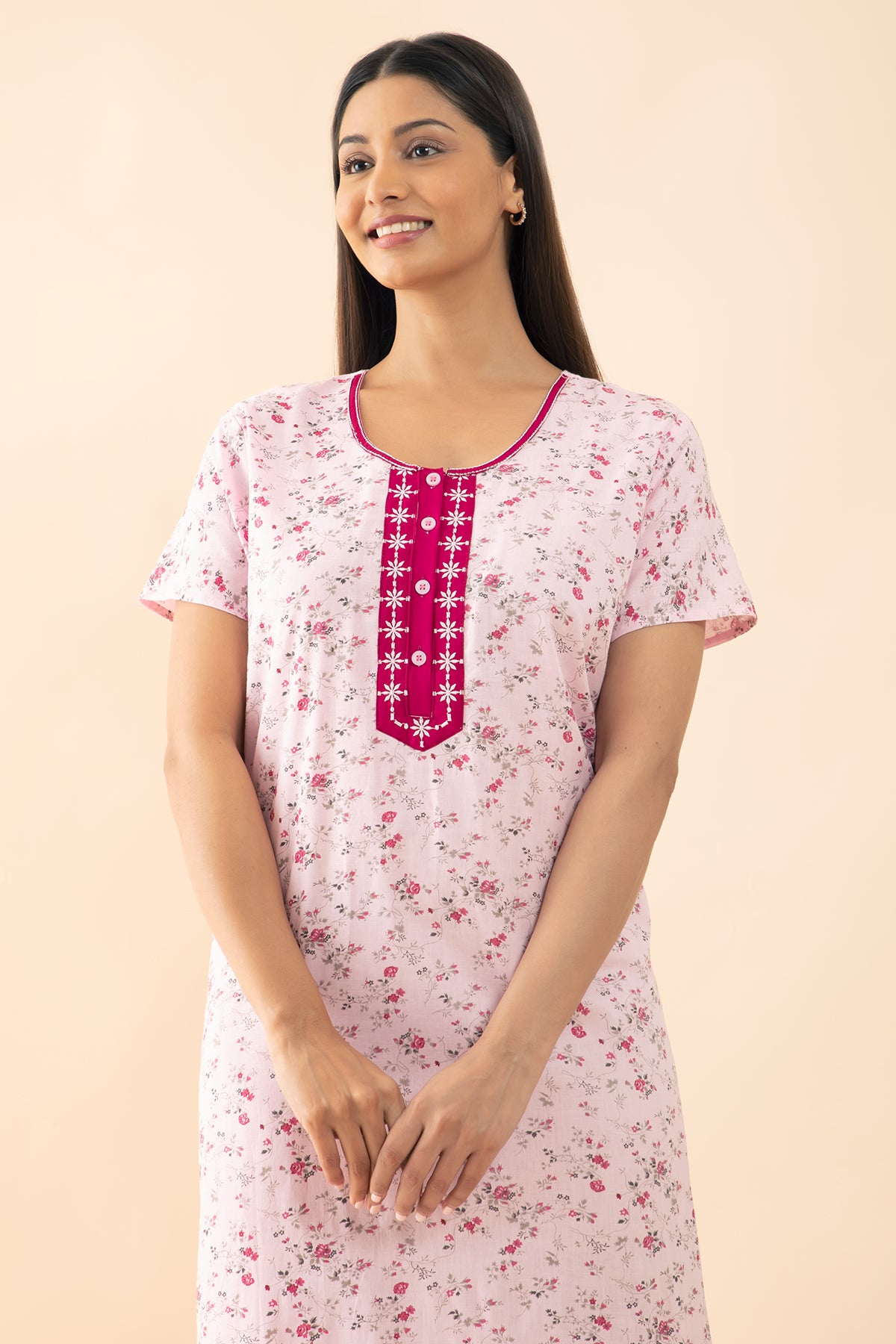 Ditsy Floral Printed Nighty with Embroidered Yoke - Pink