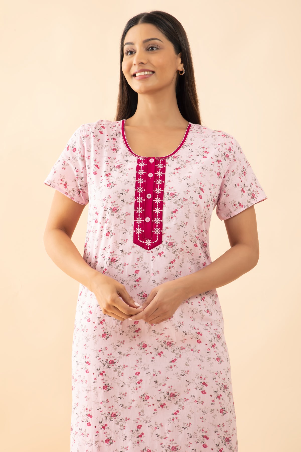 Ditsy Floral Printed Nighty with Embroidered Yoke - Pink