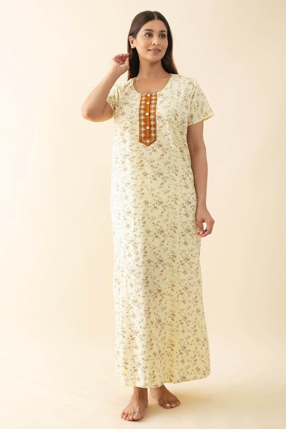 Ditsy Floral Printed Nighty with Embroidered Yoke - Light Yellow