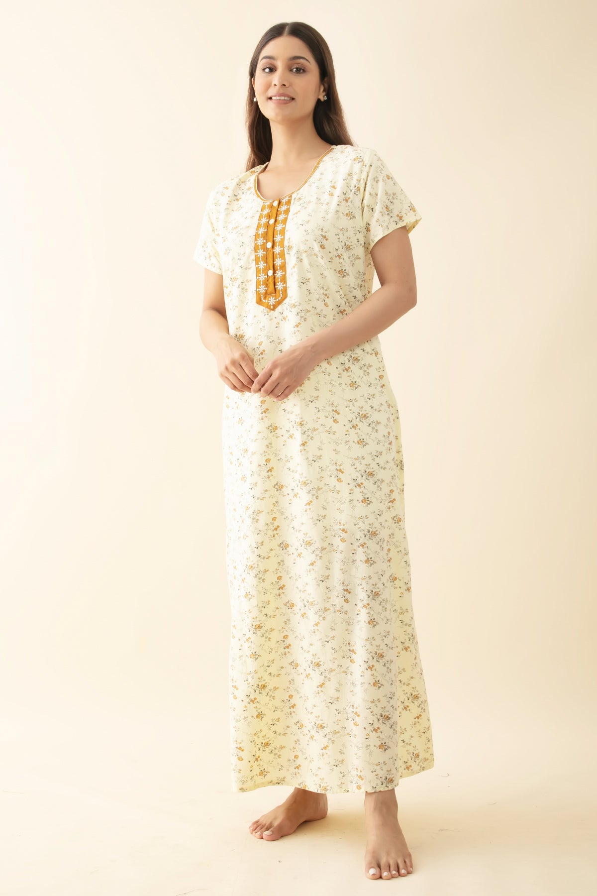 Ditsy Floral Printed Nighty with Embroidered Yoke - Light Yellow