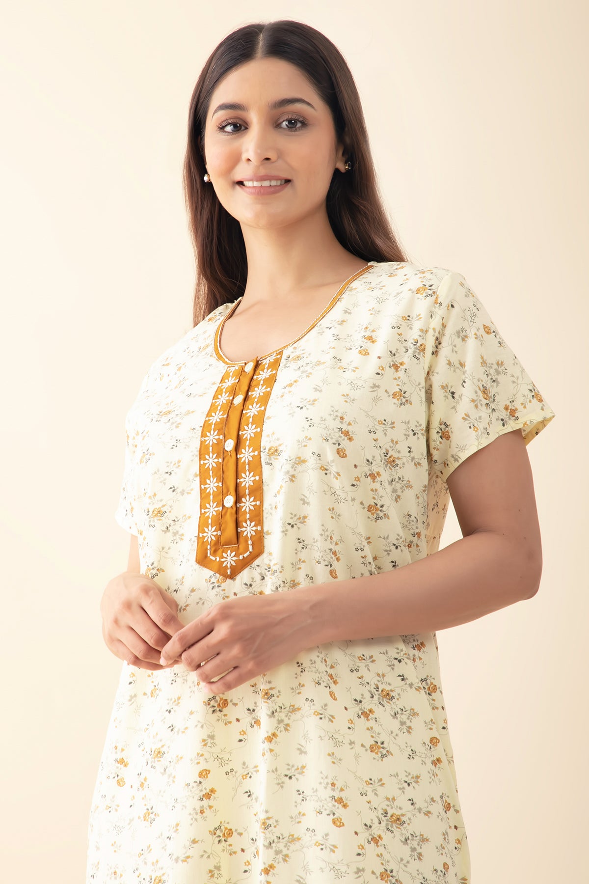 Ditsy Floral Printed Nighty with Embroidered Yoke - Light Yellow