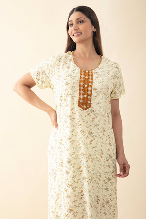 Ditsy Floral Printed Nighty with Embroidered Yoke - Light Yellow