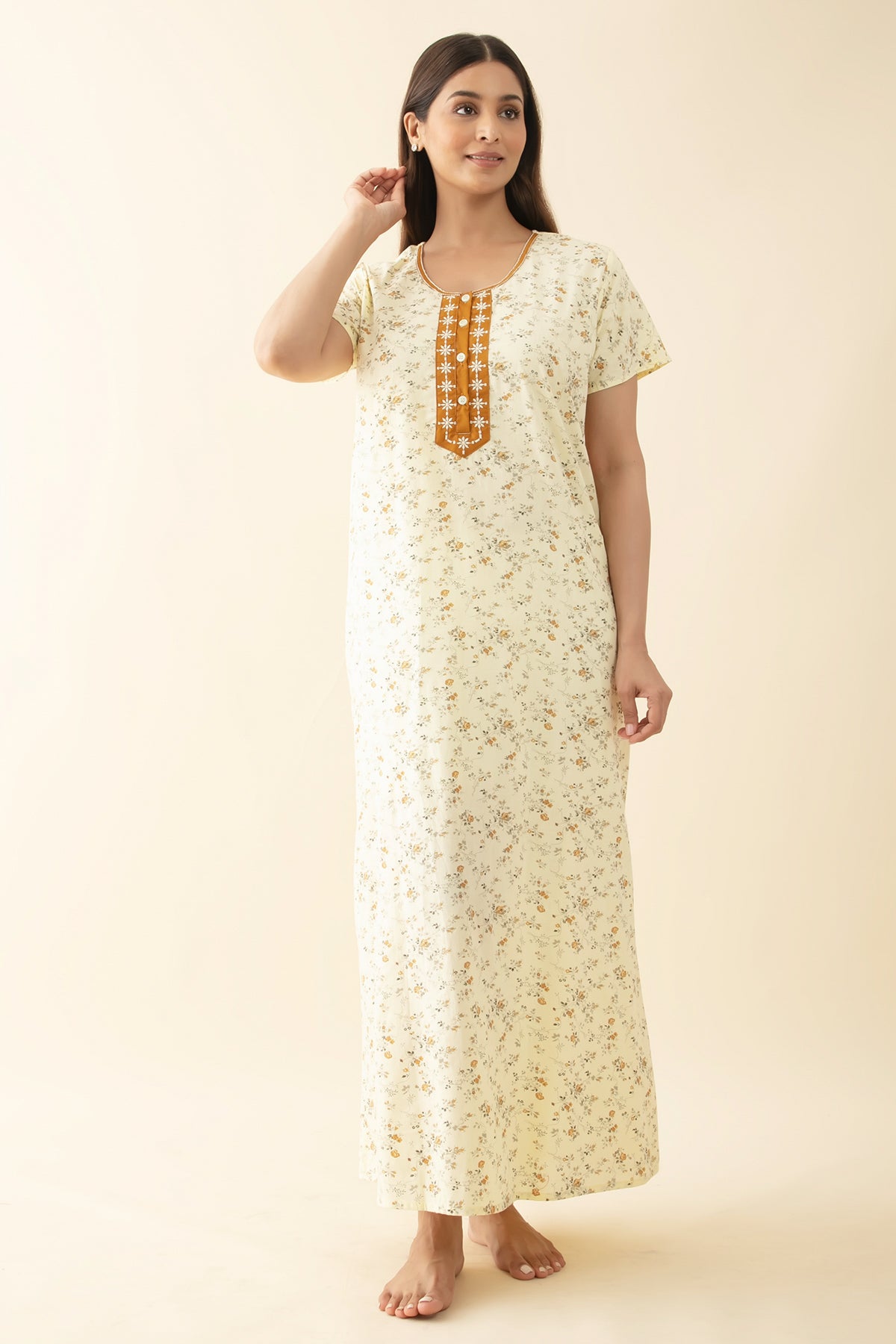 Ditsy Floral Printed Nighty with Embroidered Yoke - Light Yellow